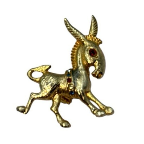 Unbranded Jewelry - Vtg Donkey Pin Brooch Burro Gold Tone Rhinestone Frisky Whimsical Big Ears